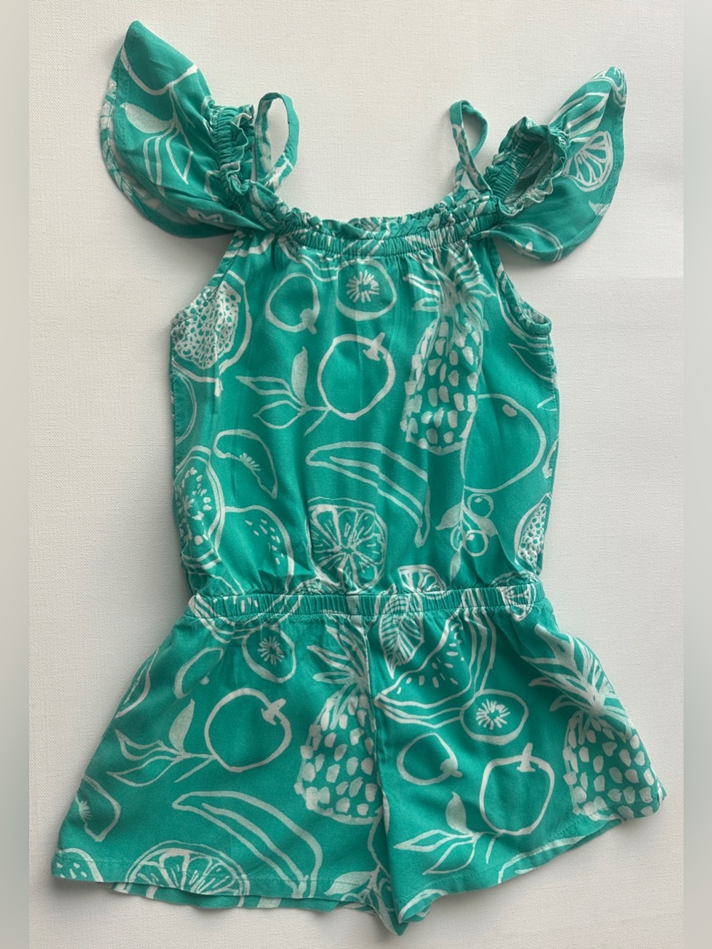 Cat & Jack girl’s Teal and White Fruit-Print Girls Romper. Size 4T.